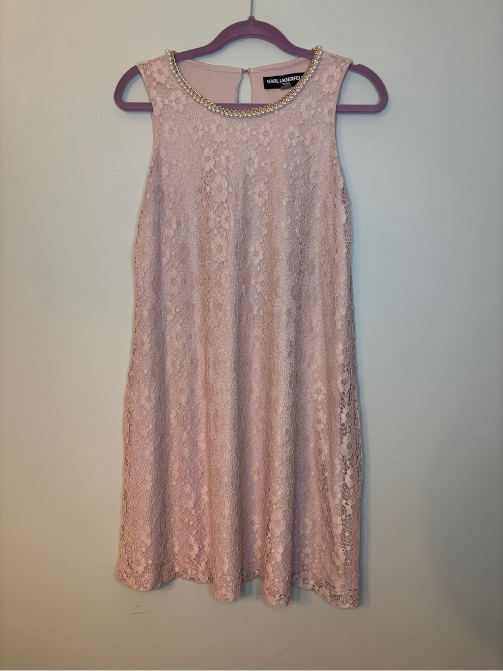 Karl Lagerfeld Blush Pink Lace Mini Dress with Jewel Trim